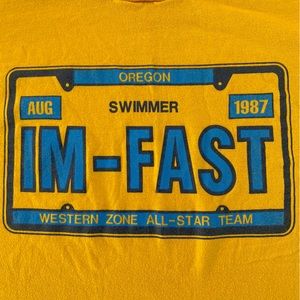 Vintage 1987 yellow t-shirt, Im Fast, swim team, size Large